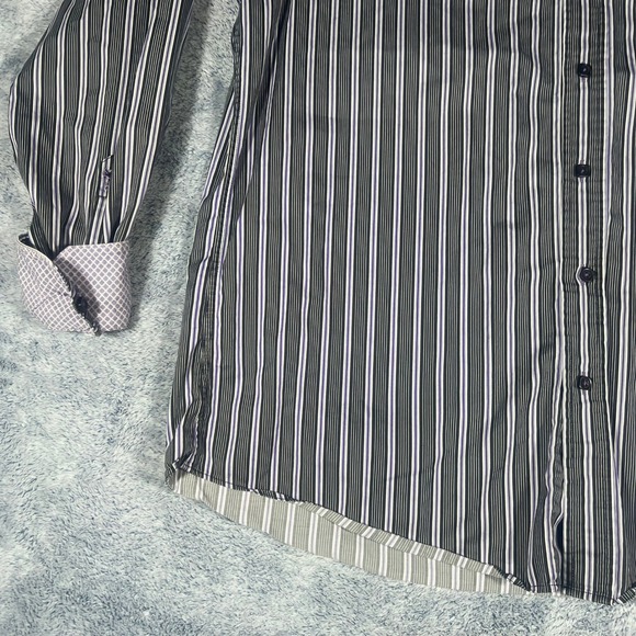 Bugatchi Uomo Mens Shaped Fit Button Down Shirt Black Purple Striped Long Sleeve - Picture 5 of 16